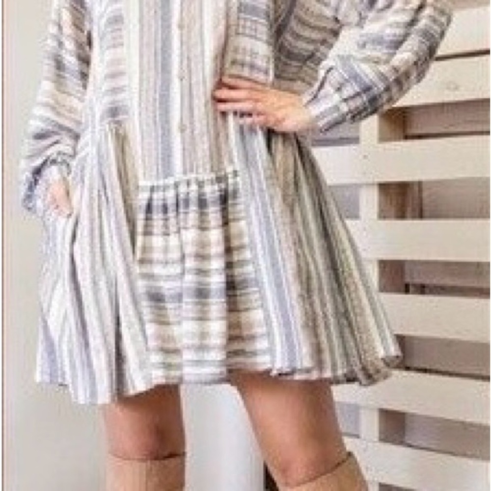 Easel Long Sleeve Linen Blend Purple White Button Up Tunic Dress Boho Beach - Picture 16 of 16